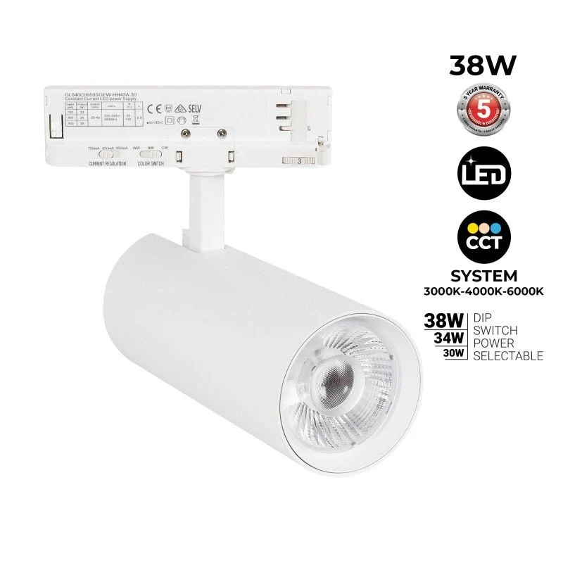 Projecteur LED pour rail triphasé - Puissance réglable : 30W/ 34W/ 38W - CCT - CRI 90