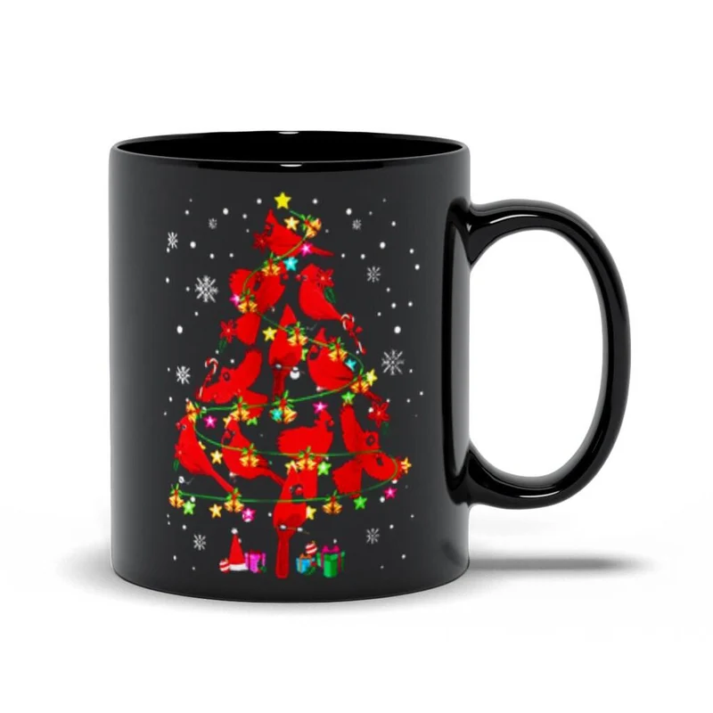 Tasses noires d'arbre de Noël d'oiseau cardinal, tasse de thé de tasse de café d'oiseaux cardinaux rouges, tasse de vacances de Noël