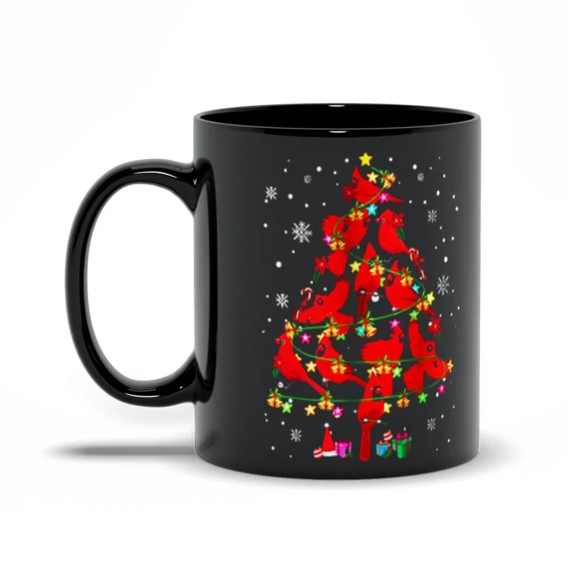 Tasses noires d'arbre de Noël d'oiseau cardinal, tasse de thé de tasse de café d'oiseaux cardinaux rouges, tasse de vacances de Noël
