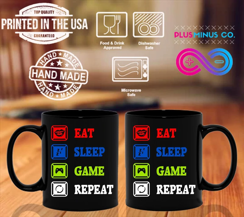 Eat Sleep Game Repeat Black Mugs, Tasse de joueur féminin masculin, Tasse de mème de jeu drôle, Idée de tasse de joueur drôle pour lui petit ami mari