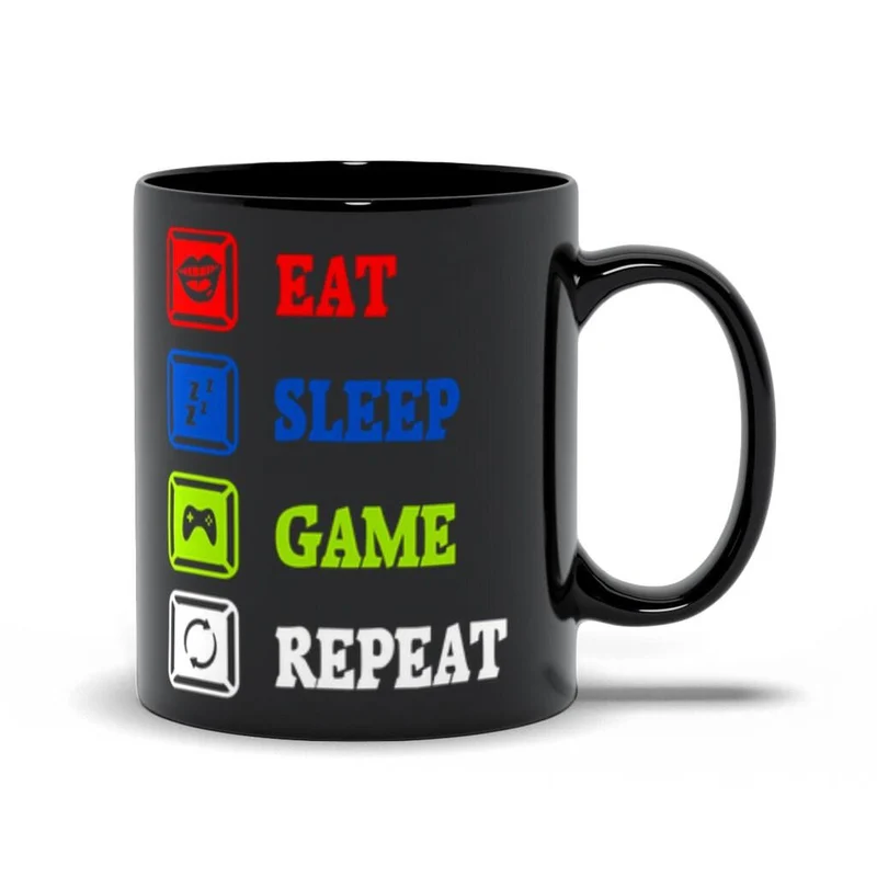 Eat Sleep Game Repeat Black Mugs, Tasse de joueur féminin masculin, Tasse de mème de jeu drôle, Idée de tasse de joueur drôle pour lui petit ami mari