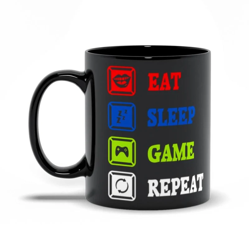 Eat Sleep Game Repeat Black Mugs, Tasse de joueur féminin masculin, Tasse de mème de jeu drôle, Idée de tasse de joueur drôle pour lui petit ami mari