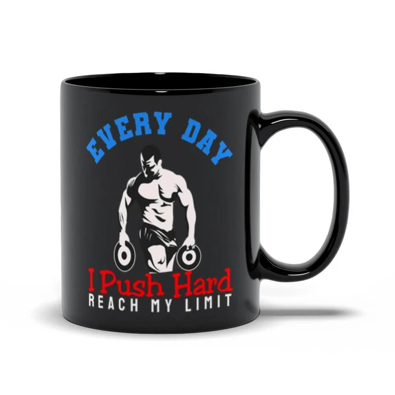 Chaque jour, je pousse fort pour atteindre mes limites Tasses noires, haltérophilie pour hommes, T-shirt athlétique, entraînement de gymnastique, sports de fitness