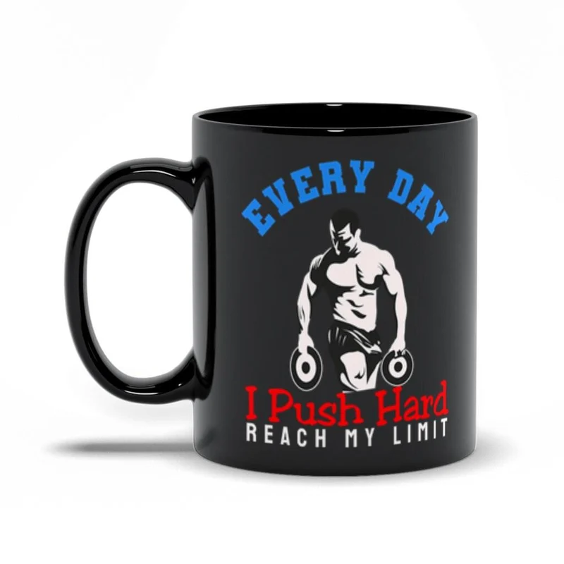 Chaque jour, je pousse fort pour atteindre mes limites Tasses noires, haltérophilie pour hommes, T-shirt athlétique, entraînement de gymnastique, sports de fitness