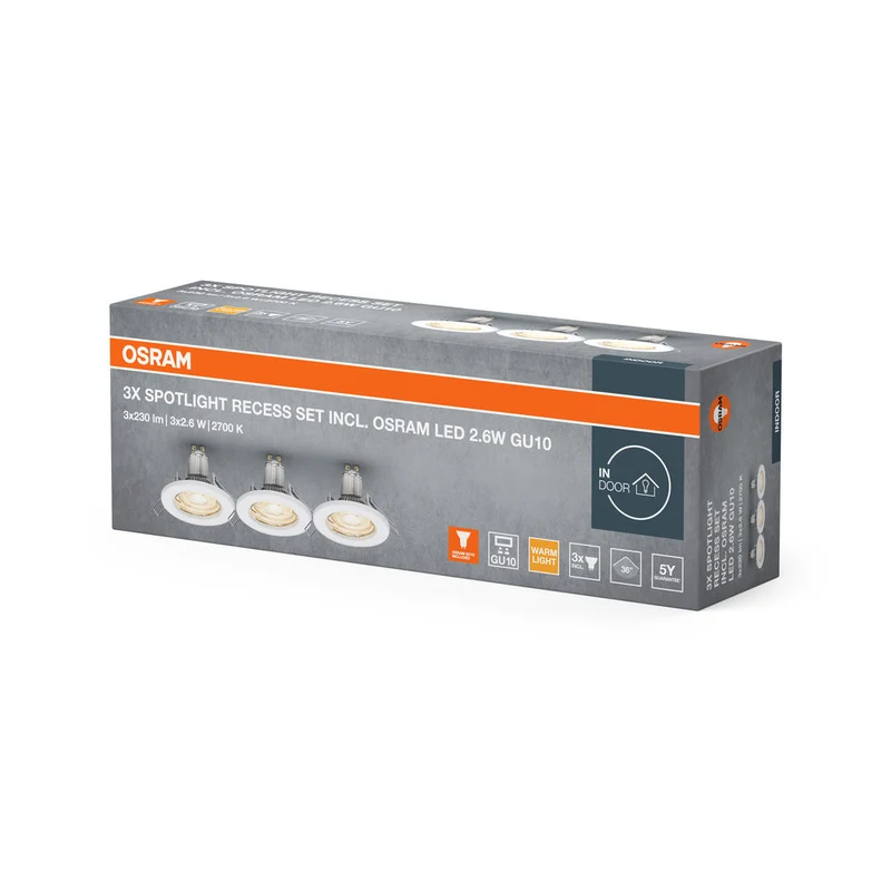 OSRAM LED SPOT ENCASTRÉ GU10 3x2,6W GU10 Blanc, 230 lm, 2700 K, Blanc chaud, Pack de 3