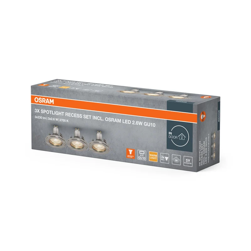 OSRAM LED SPOT ENCASTRÉ GU10 3x2,6W GU10 Nickel brossé, 230 lm, 2700 K, Blanc chaud, Pack de 3