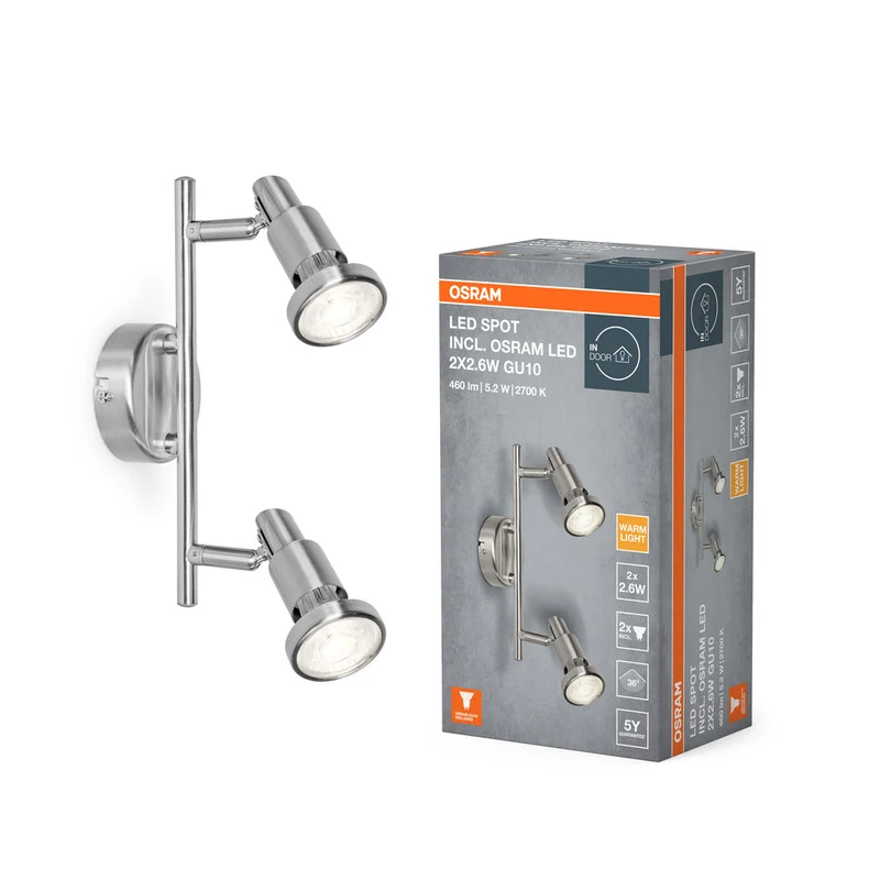 OSRAM LED SPOT ARGENT BROSSÉ GU10 2 x 2.6W, 460 lm, 2700 K, Blanc chaud