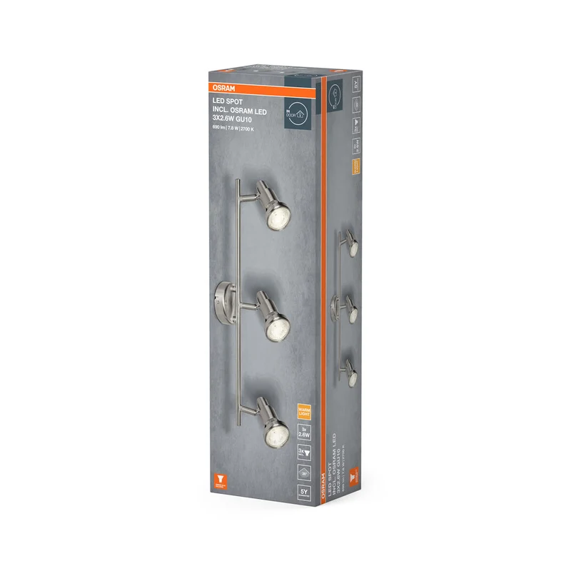 OSRAM LED SPOT ARGENT BROSSÉ GU10 3 x 2.6W, 690 lm, 2700 K, Blanc chaud