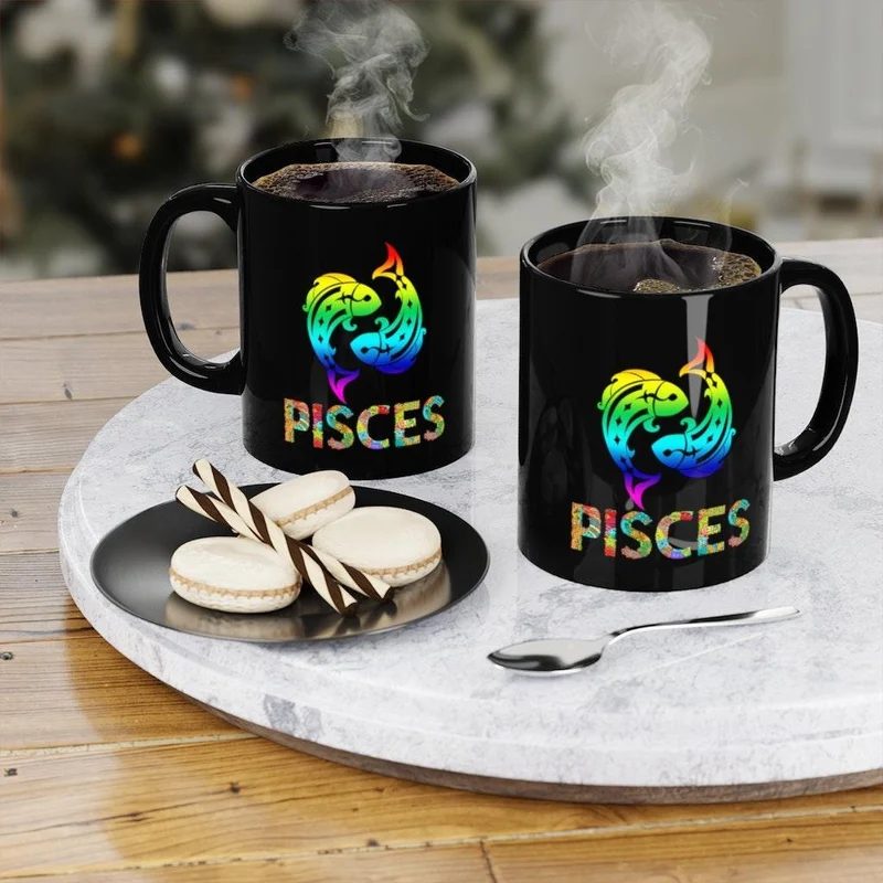 Tasse Poissons, Poisson multicolore, Poissons du Zodiaque, Poissons du Zodiaque, Anniversaire Astrologique, Cadeau pour Poissons, Cadeau d'anniversaire né en Mars Noir 11oz