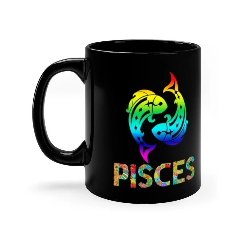 Tasse Poissons, Poisson multicolore, Poissons du Zodiaque, Poissons du Zodiaque, Anniversaire Astrologique, Cadeau pour Poissons, Cadeau d'anniversaire né en Mars Noir 11oz