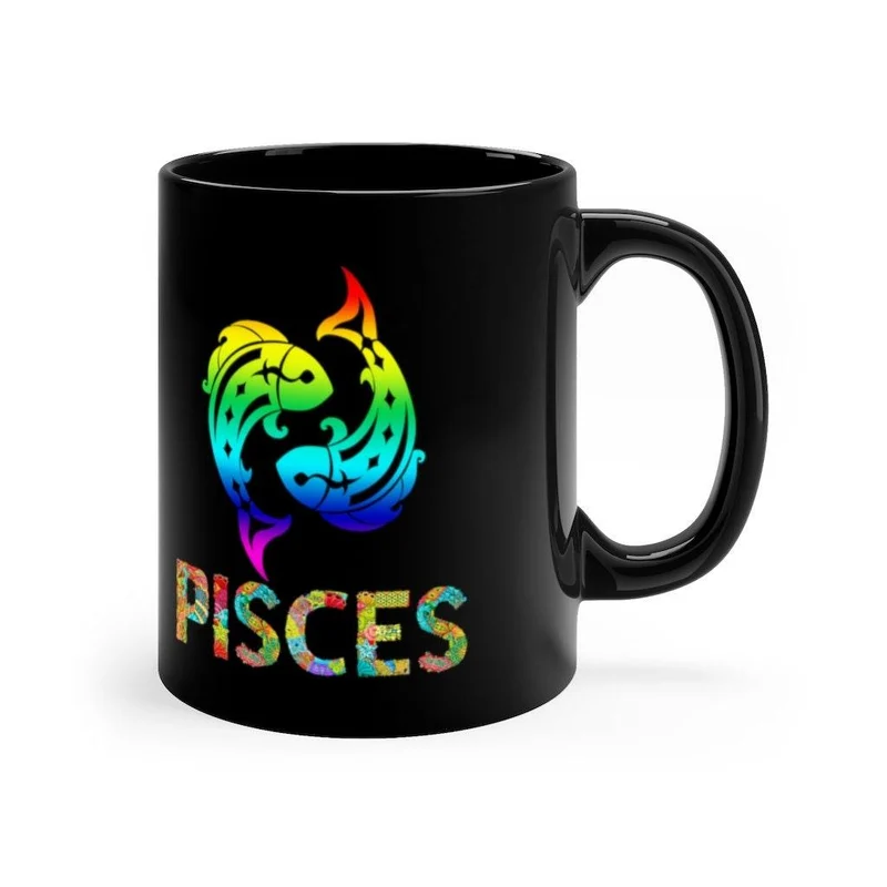 Tasse Poissons, Poisson multicolore, Poissons du Zodiaque, Poissons du Zodiaque, Anniversaire Astrologique, Cadeau pour Poissons, Cadeau d'anniversaire né en Mars Noir 11oz