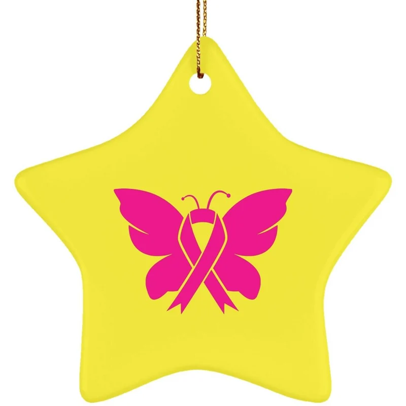 Ornement étoile en céramique de sensibilisation au cancer du sein, en octobre, nous portons du rose, conception de sublimation, sensibilisation au cancer du sein papillon, papillon rose