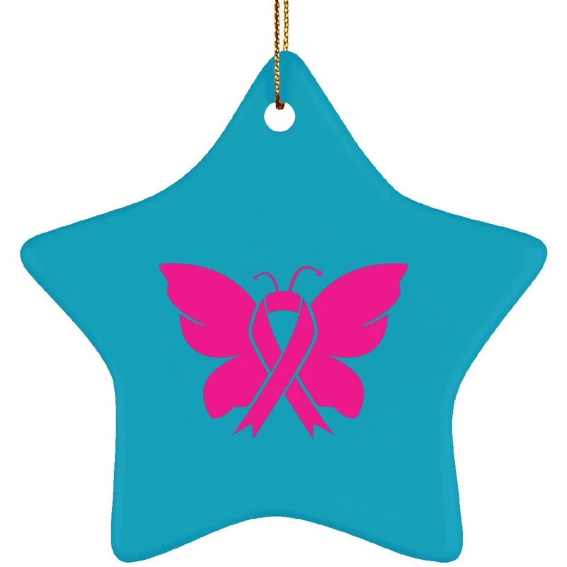 Ornement étoile en céramique de sensibilisation au cancer du sein, en octobre, nous portons du rose, conception de sublimation, sensibilisation au cancer du sein papillon, papillon rose