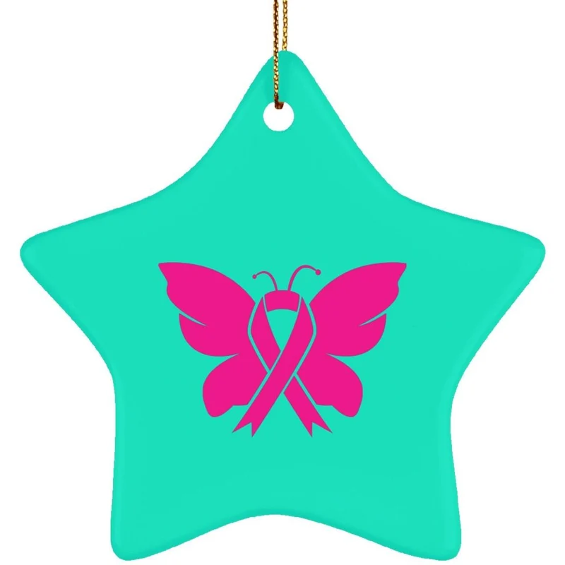 Ornement étoile en céramique de sensibilisation au cancer du sein, en octobre, nous portons du rose, conception de sublimation, sensibilisation au cancer du sein papillon, papillon rose