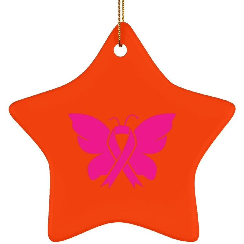 Ornement étoile en céramique de sensibilisation au cancer du sein, en octobre, nous portons du rose, conception de sublimation, sensibilisation au cancer du sein papillon, papillon rose