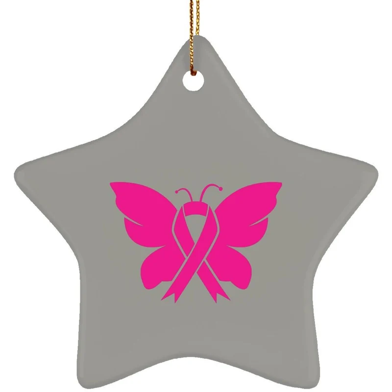 Ornement étoile en céramique de sensibilisation au cancer du sein, en octobre, nous portons du rose, conception de sublimation, sensibilisation au cancer du sein papillon, papillon rose