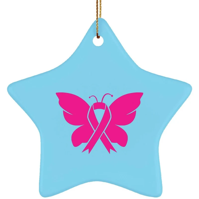 Ornement étoile en céramique de sensibilisation au cancer du sein, en octobre, nous portons du rose, conception de sublimation, sensibilisation au cancer du sein papillon, papillon rose