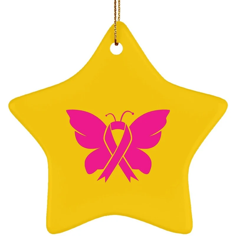 Ornement étoile en céramique de sensibilisation au cancer du sein, en octobre, nous portons du rose, conception de sublimation, sensibilisation au cancer du sein papillon, papillon rose