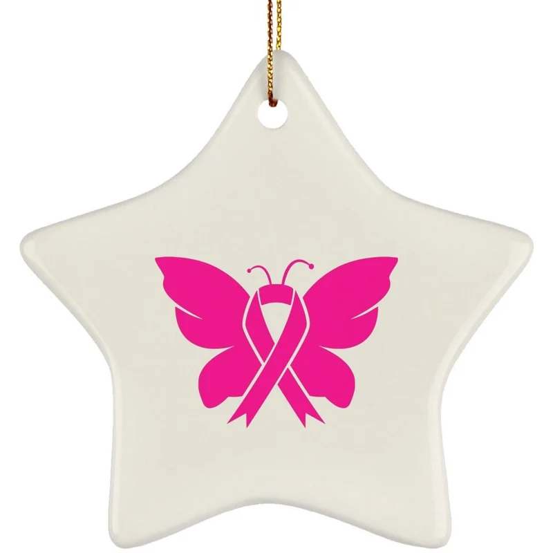 Ornement étoile en céramique de sensibilisation au cancer du sein, en octobre, nous portons du rose, conception de sublimation, sensibilisation au cancer du sein papillon, papillon rose