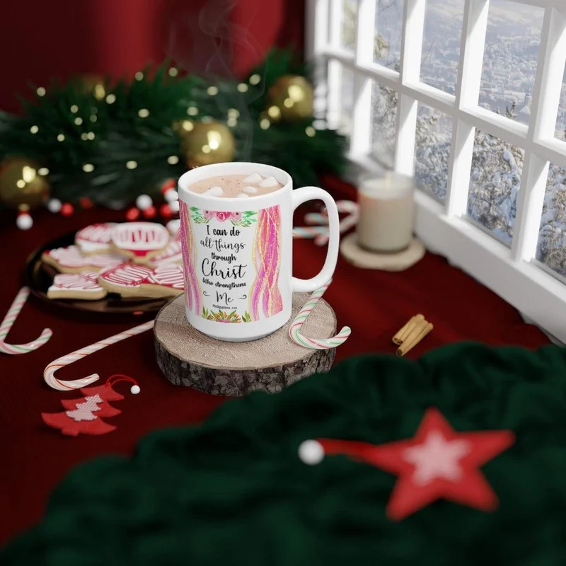 Je peux faire toutes choses à travers le Christ qui me fortifie Philippiens 4:13 Tasse en céramique blanche, Écriture biblique disant Mug