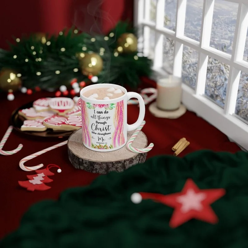 Je peux faire toutes choses à travers le Christ qui me fortifie Philippiens 4:13 Tasse en céramique blanche, Écriture biblique disant Mug