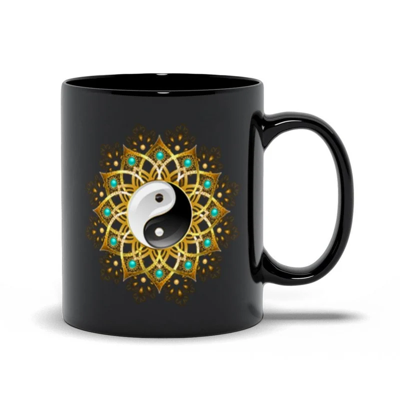 Yin Yang Mandala Black Mugs, Symbole du Yin Yang, Mandala Art Tribal Art, Harmonie, Méditation, Recherche d’équilibre, Cadeau pour elle, Cadeau pour lui