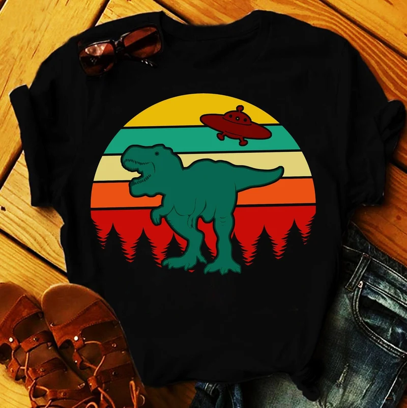 Arbre OVNI T-Rex | T-shirts coucher de soleil rétro