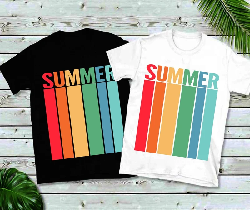 Été | Coucher de soleil rétro | T-shirts à rayures, tee-shirt d’été à rayures arc-en-ciel, vibrations d’été, chemise d’amoureux d’été, chemise de saison,