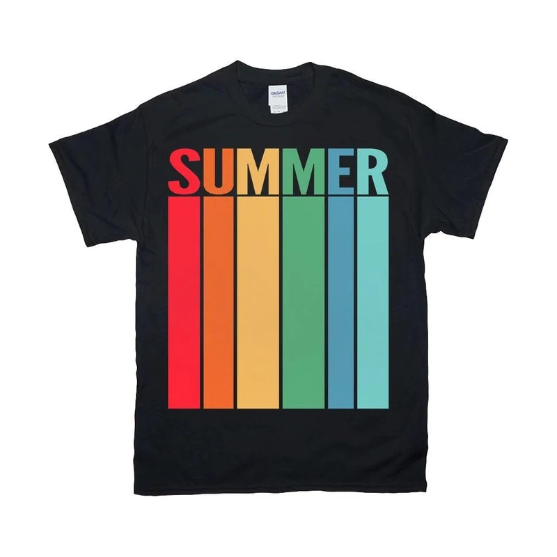 Été | Coucher de soleil rétro | T-shirts à rayures, tee-shirt d’été à rayures arc-en-ciel, vibrations d’été, chemise d’amoureux d’été, chemise de saison,
