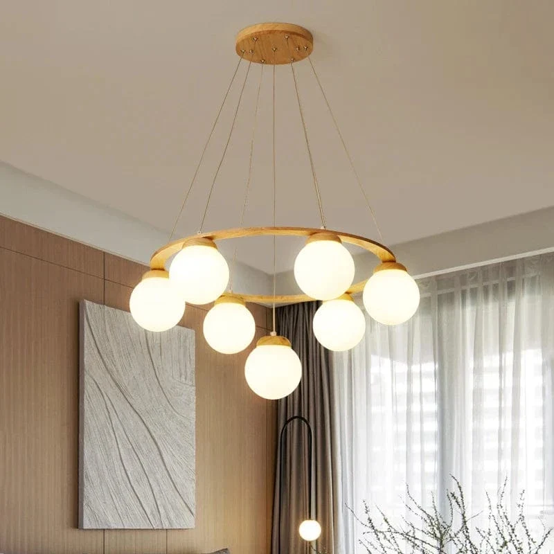 Suspension Bois et Globes Blancs