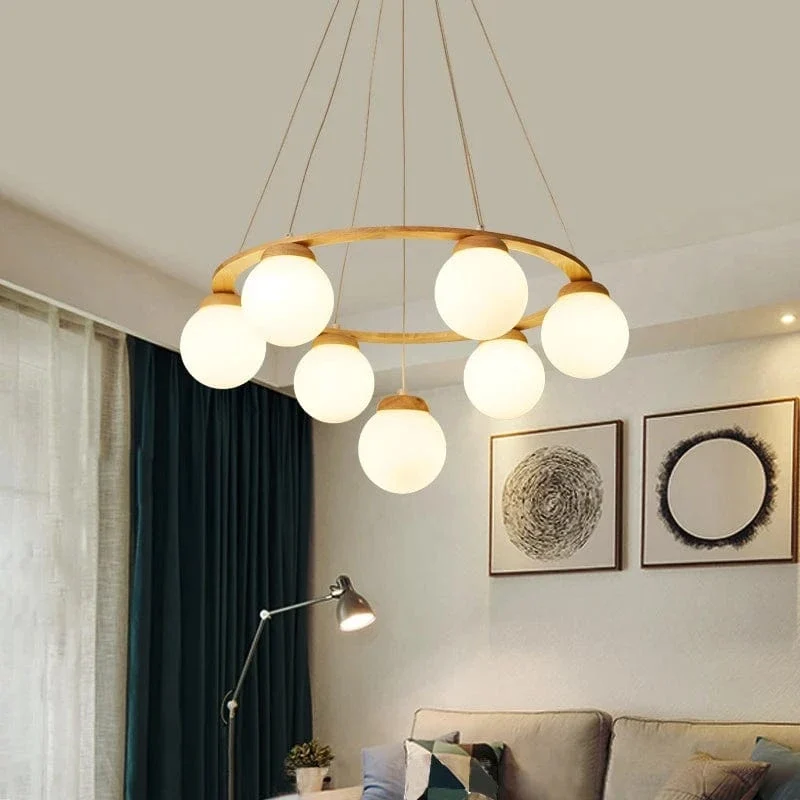 Suspension Bois et Globes Blancs