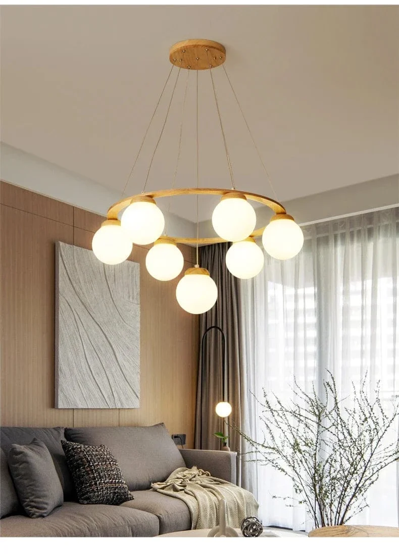 Suspension Bois et Globes Blancs