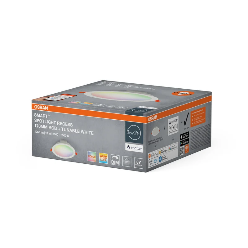 OSRAM Matter SMART+ Spot encastré RECESS DOWNLIGHT TW, Ø 170mm, RGB 12W, 220…240 V, 2700…6500K, IP20