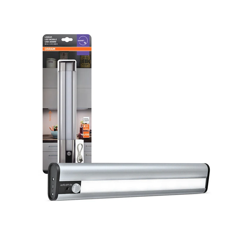 OSRAM LED lampe à piles, lampe pour applications intérieures, capteur de mouvement, capteur jour-nuit, blanc froid, 300,0 mm x 50,0 mm x 22,0 mm, LED linéaire mobile USB
