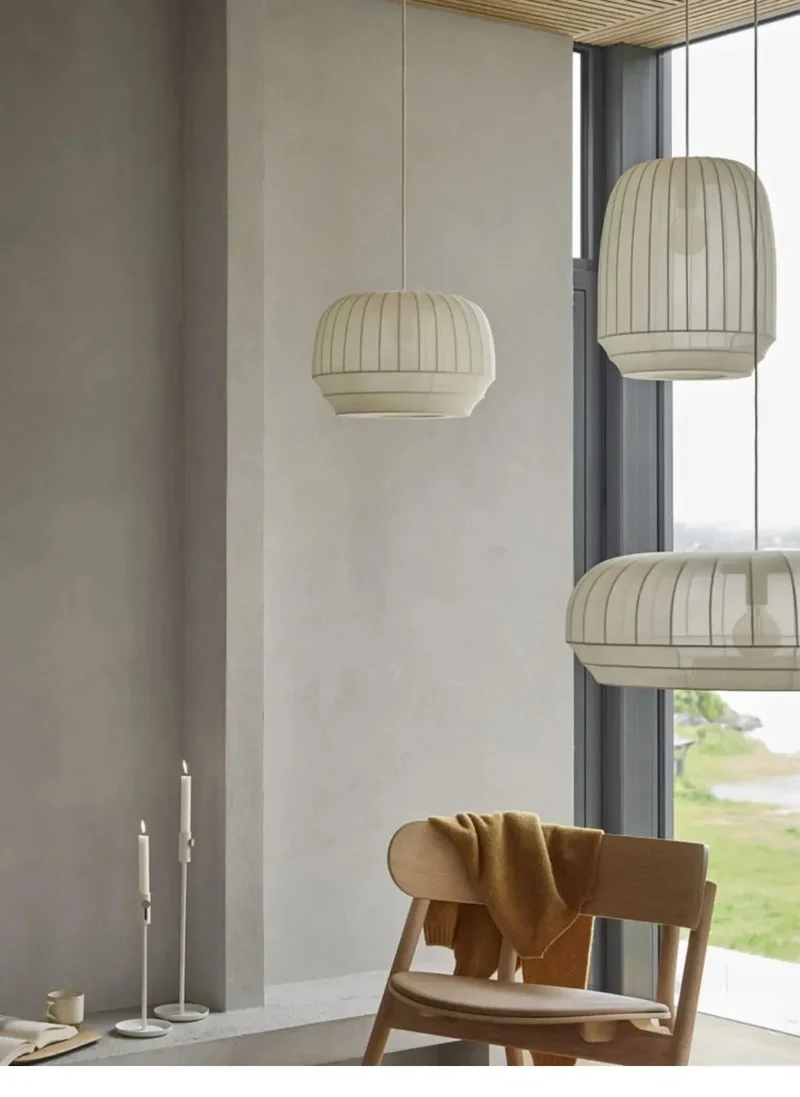 Lampe Suspendue Minimaliste en Tissu Wabi Sabi – Lustre LED pour Salon, Chambre et Hôtel