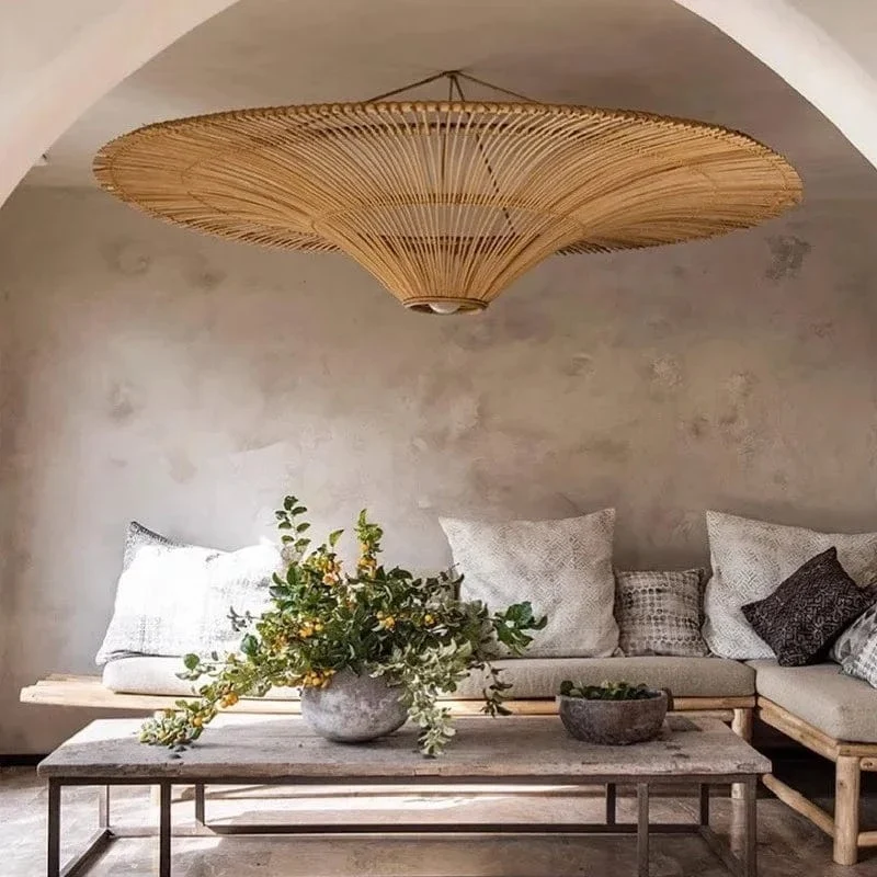 Lampe Suspendue Vintage en Rotin Wabi Sabi – Lustre en Osier pour Salon, Restaurant et Chambre