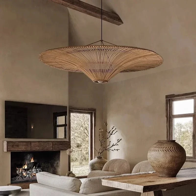 Lampe Suspendue Vintage en Rotin Wabi Sabi – Lustre en Osier pour Salon, Restaurant et Chambre