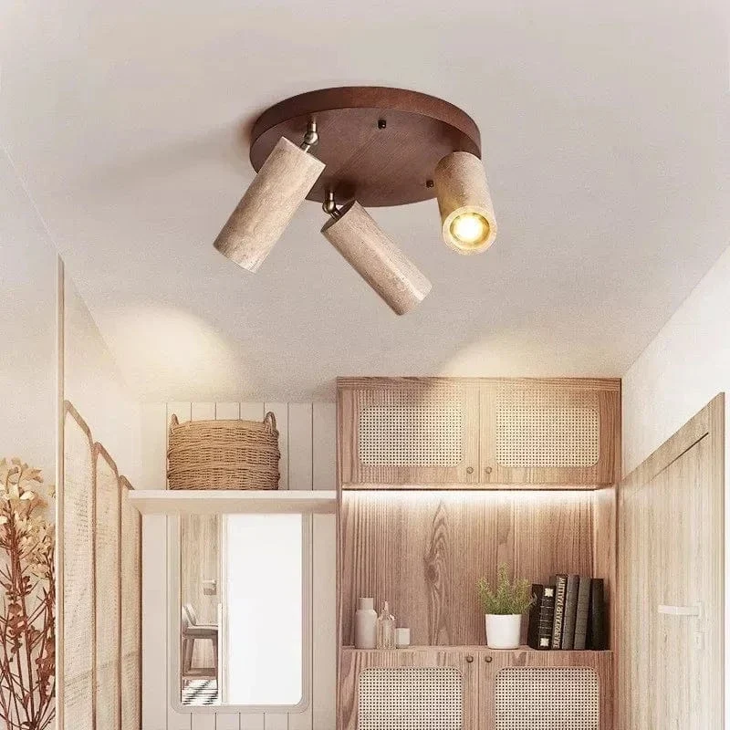 Stone Ceiling Spotlight – Angle Adjustable LED Lamp with Wooden Base for Foyer