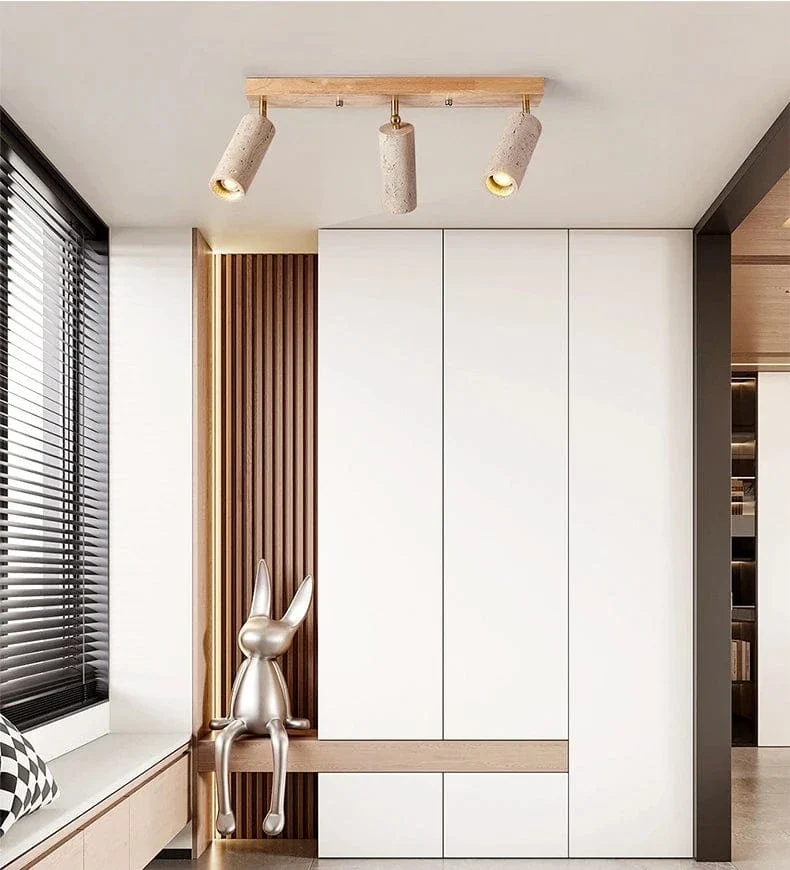 Stone Ceiling Spotlight – Angle Adjustable LED Lamp with Wooden Base for Foyer