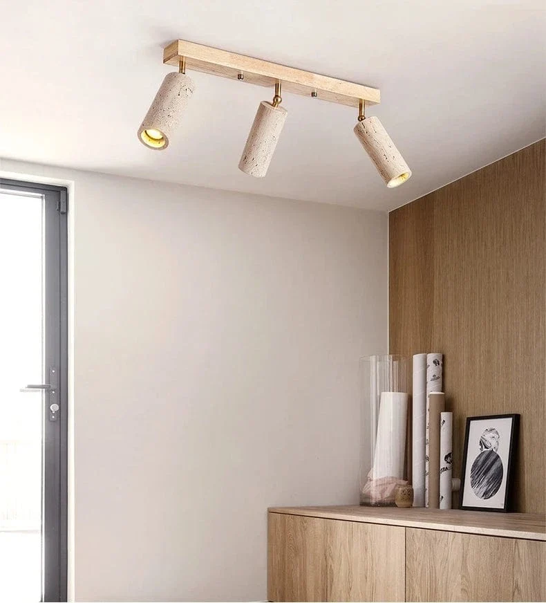 Stone Ceiling Spotlight – Angle Adjustable LED Lamp with Wooden Base for Foyer