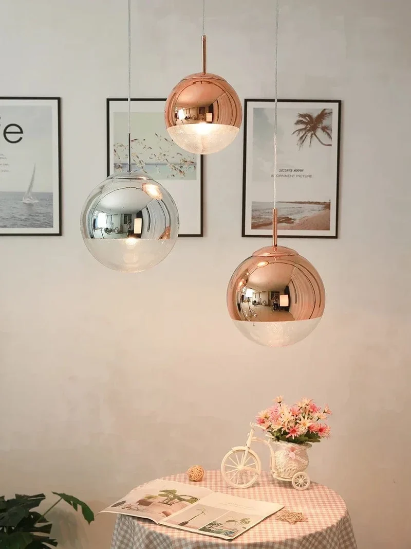 Suspension Nordique en Verre – Lampe Boule Argent/Rose/Or pour Chambre, Salon & Restaurant