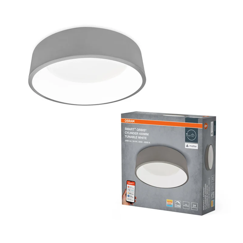 OSRAM Matter SMART+ Orbis Cylindre LED Plafonnier Blanc réglable 45cm 24W / 3000-6500K Gris
