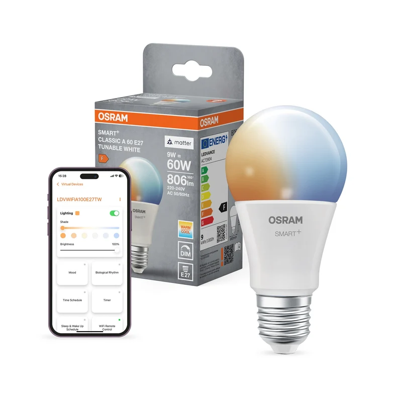 OSRAM Matter SMART+ Classique LED Lampe TW FR E27, 806 lm, 2700…6500 K, Blanc Réglable