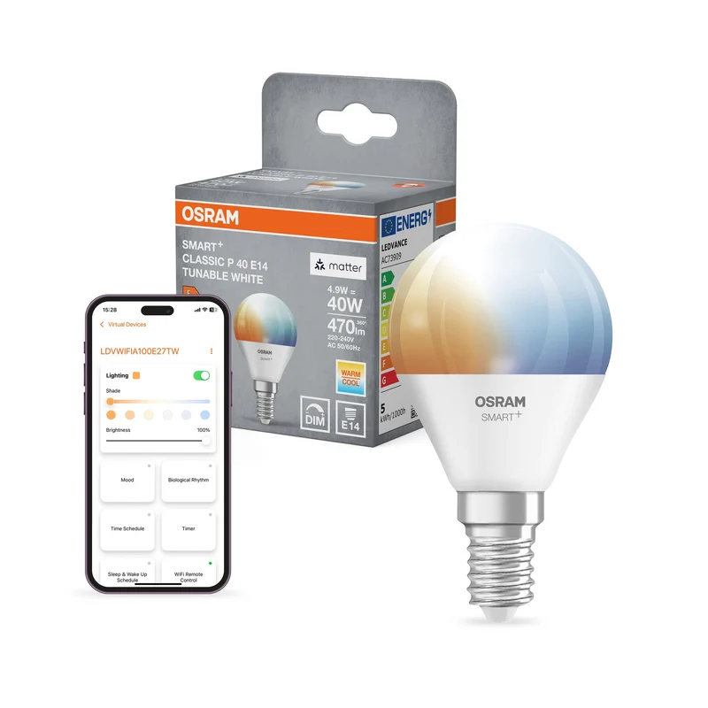 OSRAM Matter SMART+ Mini Ampoule LED Lampe TW FR E14 4,9W 470 lm, 2700…6500 K, Blanc Réglable