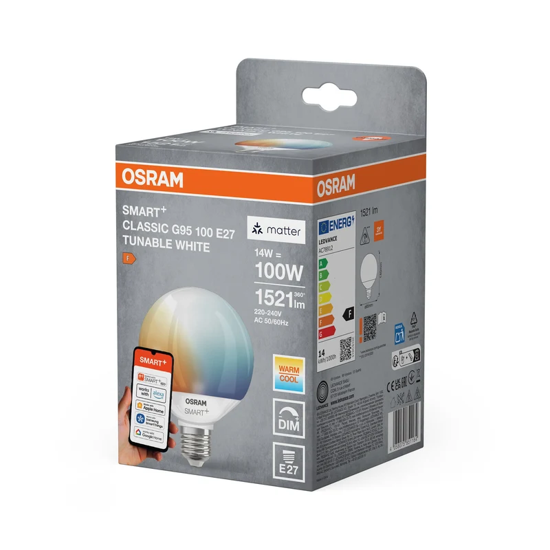 LEDVANCE Matter SMART+ Lampe Globe Blanc Réglable G95 (ex 100W) 14W / 2700-6500K E27