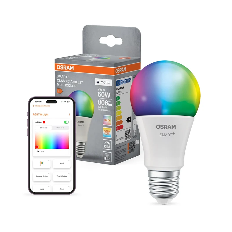 OSRAM Matter SMART+ LED Lampe, RVB, Optique givrée, 9W, 806lm, E27