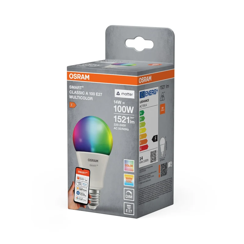 OSRAM Matter SMART+ LED Lampe CLASSIC A, RVB, Optique givrée, 14W, 1521lm, E27