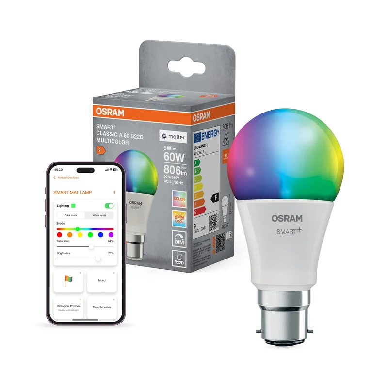 OSRAM Matter SMART+ Classique LED Lampe RGBW FR B22D 9W, 806 lm, 2700…6500 K, RGBW
