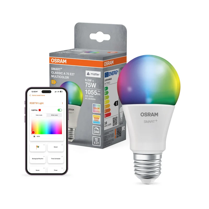 OSRAM Matter SMART+ LED Lampe, Optique givrée, RVB, 9,5W, 1055lm, E27