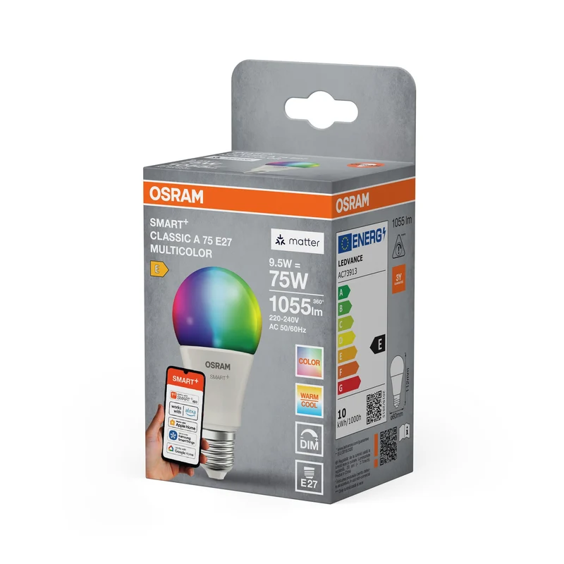 OSRAM Matter SMART+ LED Lampe, Optique givrée, RVB, 9,5W, 1055lm, E27